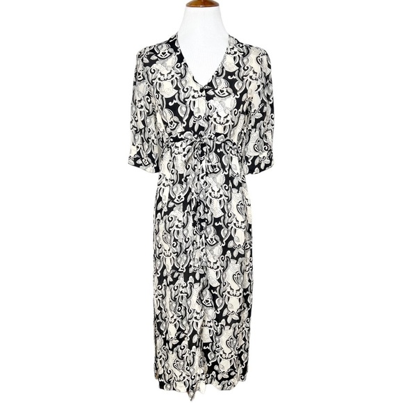 Chloé Whimsy Printed Silk Blend Tie Waist Short Sleeve Black White Shirtdress XS - Picture 1 of 14